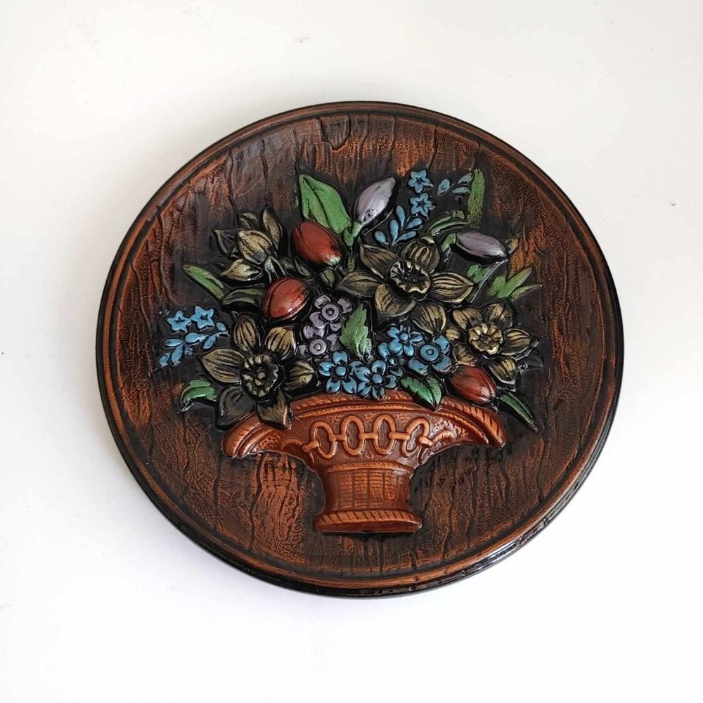 Vintage Flowers Floral in Basket Ceramic Relief 3D Wall Decor Plaque